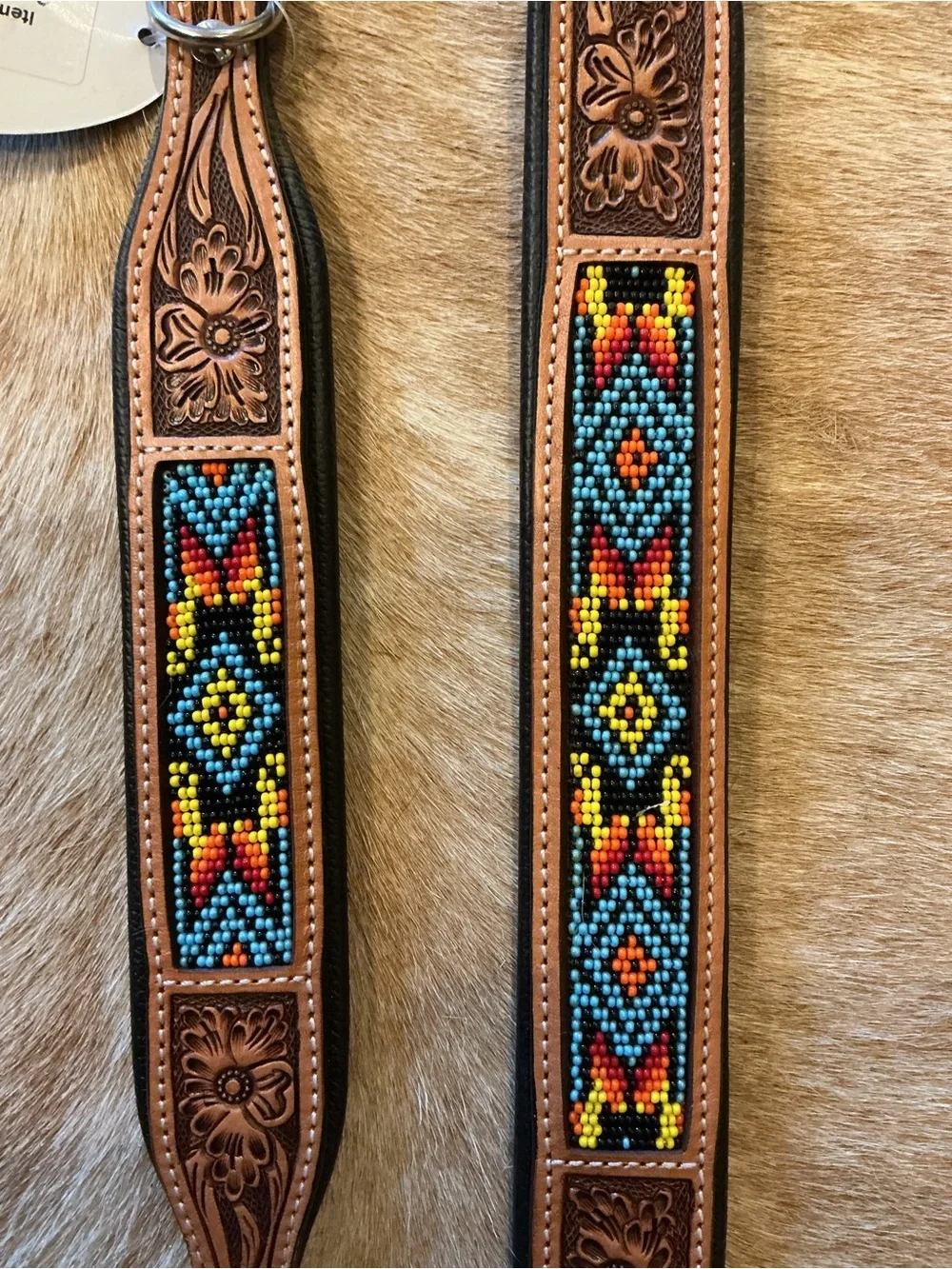 Brown Leather Beaded Dog Collar - Multicolor Bead Inlay